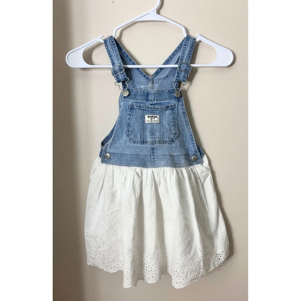 OshKosh B'gosh Overall Dress Denim Eyelet 5T Blue White Cottagecore